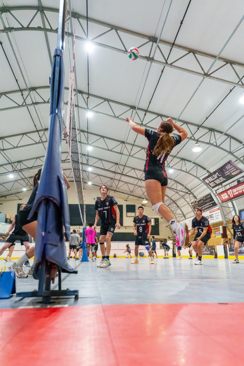 Attacker meeting the ball at the top of her jump